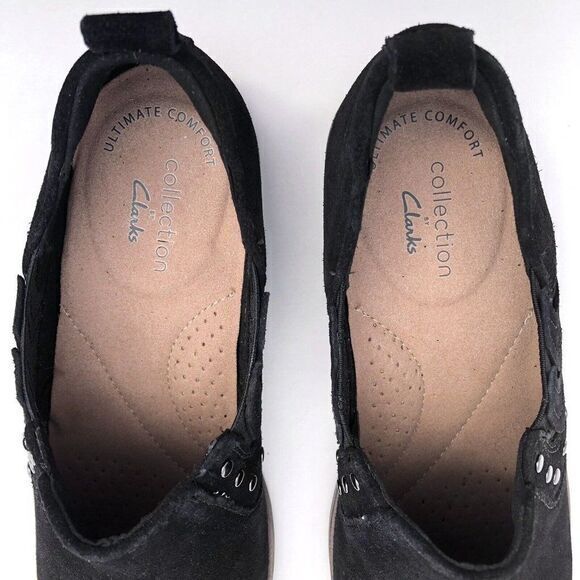 NEW Clarks Trish Bell Studded Leather‎ Flat Slip On Bootie Black Suede - Picture 6 of 6